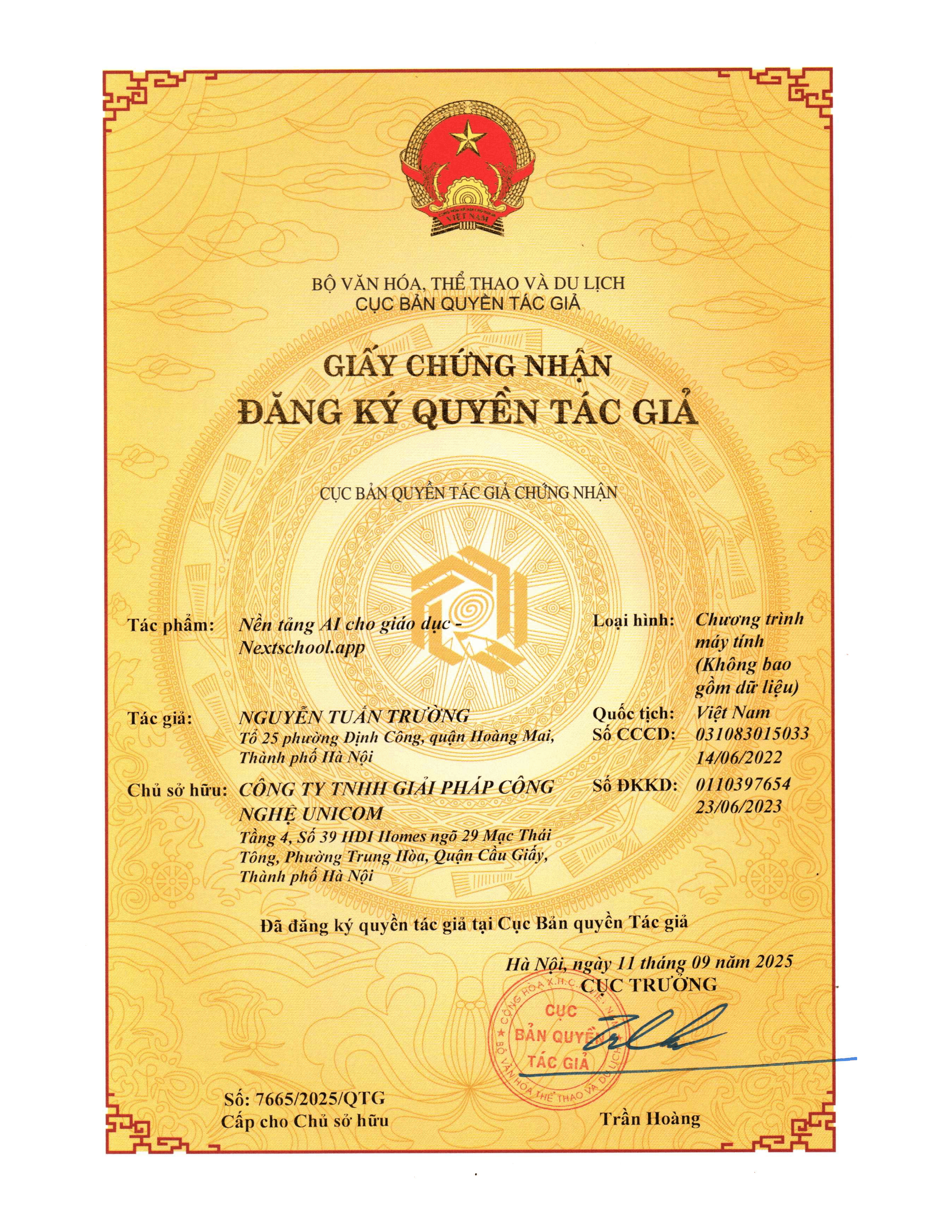Giấy chứng nhận đăng ký quyền tác giả